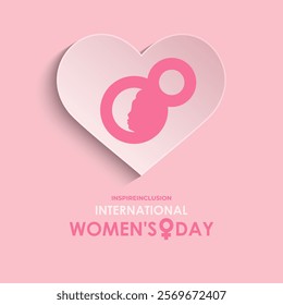 International Women's Day 8 march with love icon and gradient circle. Women silhouette head isolated white and pink background. Design for banner, cards, prints, social media, poster, flyer.