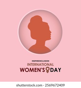 International Women's Day 8 march with love icon and gradient circle. Women silhouette head isolated white and pink background. Design for banner, cards, prints, social media, poster, flyer.