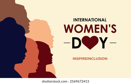 International Women's Day 8 march with love icon and gradient circle. Women silhouette head isolated white and pink background. Design for banner, cards, prints, social media, poster, flyer.