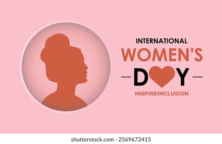 International Women's Day 8 march with love icon and gradient circle. Women silhouette head isolated white and pink background. Design for banner, cards, prints, social media, poster, flyer.