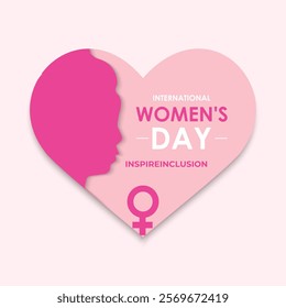 International Women's Day 8 march with love icon and gradient circle. Women silhouette head isolated white and pink background. Design for banner, cards, prints, social media, poster, flyer.