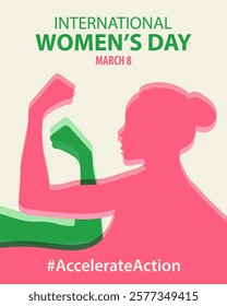 International Womens Day 8 march. Campaign 2025 AccelerateAction. Female hand showing strength in their hand. Flat vector illustration