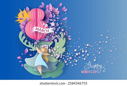 International Women's Day 8 march. Girl dancing with air balloon shaped 8 with frame of flower and leaves. Paper cut art 3d. Vector illustration