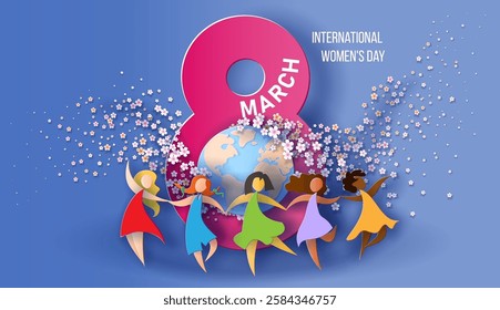 International Women's Day 8 March card. Women different nationality dance around of Earth globe and 8. Vector illustration.