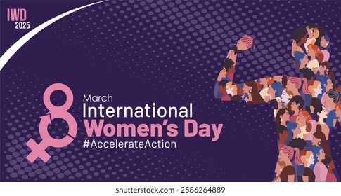 International Womens Day 8 March 2025 Campaign Banner with Group of Women in Different Ethnicity Show Strong Gesture Arm. IWD 2025 #AccelerateAction Campaign Banner. 