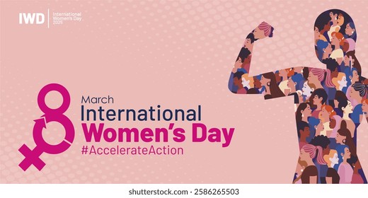 International Womens Day 8 March 2025 Campaign Banner with Women in Different Ethnicity Show Strong Gesture Arm to Symbolize Acceleration and Action. IWD 2025 #AccelerateAction Campaign Banner. 