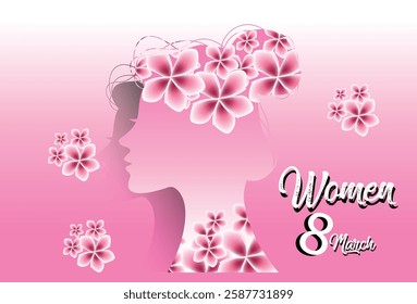 International Women's Day 8 march with frame of flower and leaves , Paper art style