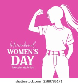 International Womens Day 8 March banner. Campaign 2025 #AccelerateAction. Silhouette of a strong woman with a ponytail, flexing her arm in a powerful pose. Minimalist vector illustration.