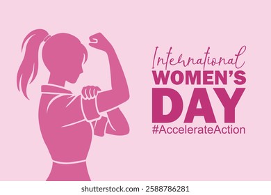 International Womens Day 8 March banner. Campaign 2025 #AccelerateAction. Silhouette of a strong woman with a ponytail, flexing her arm in a powerful pose. Minimalist vector illustration.