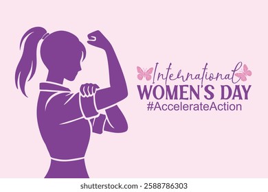 International Womens Day 8 March. Campaign 2025 #AccelerateAction. Female silhouette flexing her arm to show strength and empowerment. Flat vector illustration, horizontal banner.