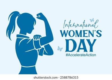 International Womens Day 8 March. Campaign 2025 #AccelerateAction. Female silhouette flexing her arm to show strength and empowerment. Flat vector illustration, horizontal banner.