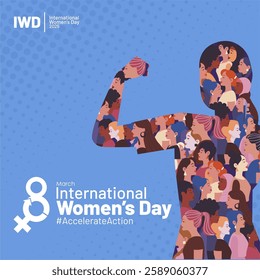 International Womens Day 8 march 2025. IWD 2025 Campaign AccelerateAction for all womens around the world. Designed with strenght gesture made from womens figure from different ethnicity. 
