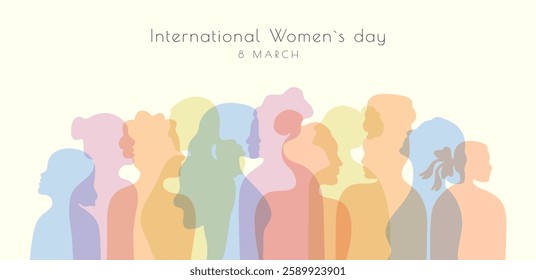 International Women's day 8 March minimalist banner template with typography. Rainbow colors female silhouette diversity. Different nationalities, genders and ages girls profiles.