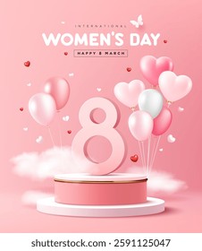 International women's day 8 March, podium display, balloons on cloud poster design pink background, EPS10 Vector illustration