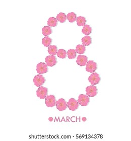 International Women's Day 8 March. Greeting card vector illustration with the number of flower apple / peach / plum.
