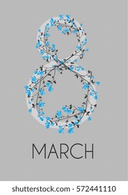  International Women's Day and 8 march  greeting card with spring branch and small blue flowers on the grey retro background with dots.