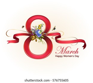 International Women's Day 8 March. Congratulation. Card. Vector illustration. Beautiful figure 8 with ribbons and a beautiful bouquet.