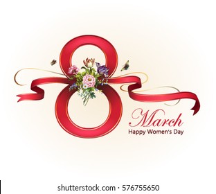 International Women's Day 8 March. Congratulation. Card. Vector illustration. Beautiful figure 8 with ribbons and a beautiful bouquet.