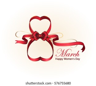 International Women's Day 8 March. Congratulation. Card. Vector illustration. Beautiful figure 8 with ribbons and a diamond heart.