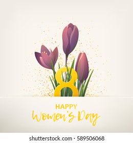 International Women's day. 8 March. Happy Women's Day. Spring flowers, purple crocus. Vector illustration EPS10 for creative flyer, postcard, greeting card, banner design