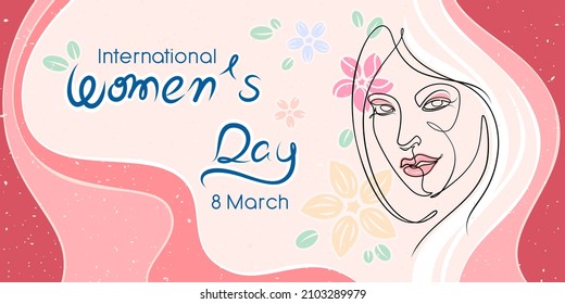 International women's Day, 8th March design concept greeting card template illustration. Flat vector young woman beauty face minimal line drawing style and curve pink background.