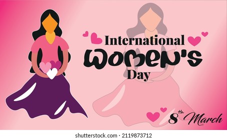 International Women's Day 8th March illustration, beautiful girl with hearts celebration text quote. Horizontal card format for web banner or header. Flat Character with Texture.