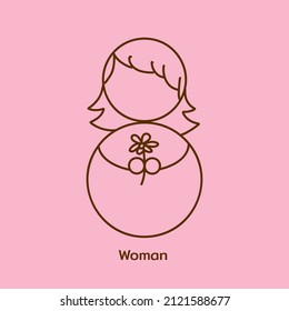 International Women's Day; 8th of March. hand drawn vector of cute woman who holds flower in her hands isolated on pink background. 