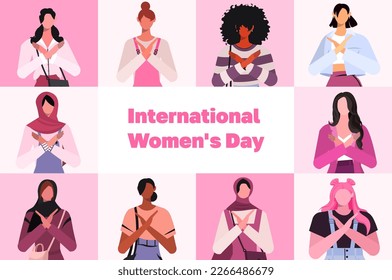 International women's day. 8th march. Break The Bias campaign. Raise awareness against bias. Take action for equality. Young modern diverse women of different ethnicities and cultures with cross arms.