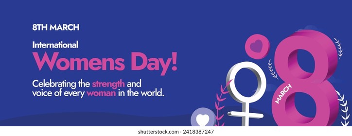 International Women's Day, 8th March Women's day celebration cover banner in dark purple colour with number 8 icon in pink colour and girl symbol in white colour. Invest in women: Accelerate progress.