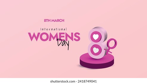 International Women's day. 8th March International Women's day celebration cover banner in pink colour, simple and decent banner, card, post concept. Number 8 with hearts and women symbol. 