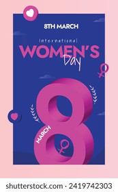 International Women's Day, 8th March Women's day celebration story post in dark purple colour with number 8 icon in pink colour, girl symbol and hearts icon . Invest in women: Accelerate progress.