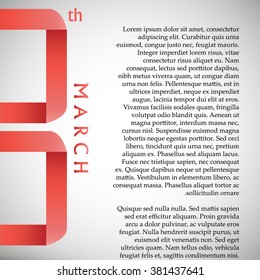 International Women's Day - 8th March. Eight number character drawn with red ribbon with shadow on the white background. Vector Element Design Illustration