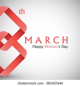 International Women's Day - 8th March. Eight number character drawn with red ribbon with shadow on the white background. Vector Element Design Illustration