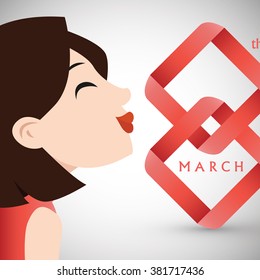 International Women's Day - 8th March. Woman and Eight number character drawn with red ribbon and shadow on the white background. Vector Element Design Illustration