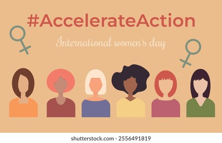 International Women's Day, Accelerate Action, 2025, March 8, Banner, Vector on Colored Background