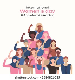 International Women's Day Accelerate Action 2025 poster template. Woman of different nationalities in acceleration action position. Includes strength, equality and the message AccelerateAction card