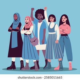 International Women's Day, African American, Muslim, European women. Different cultures, nationalities and skin colors stand side by side. Movements for gender equality and women's empowerment.