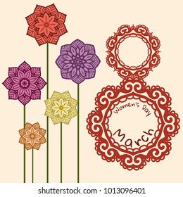 International Women's Day Background. 8 March greeting card template with stylized flowers. Vector illustration.