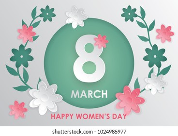 International women's day background. 8th of March with flower and number eight vector. Paper art and digital craft style