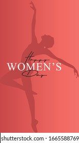 International Women`s Day background with ballerina girl vector flat Minimalistic illustration. Women's Day flat design with dancing ballerina woman silhouette vector illustration. 8 march 