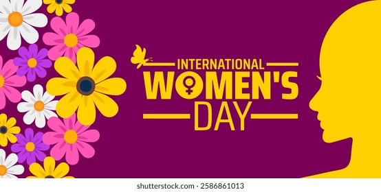 International Women's Day background banner or poster design template with women icon and flower. observed every year in March. Holiday concept. Use to any Template, card, poster, placard, template.