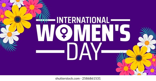 International Women's Day background banner or poster design template with women icon and flower. observed every year in March. Holiday concept. Use to any Template, card, poster, placard, template.