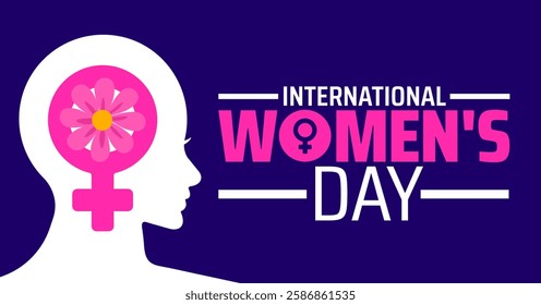 International Women's Day background banner or poster design template with women icon and flower. observed every year in March. Holiday concept. Use to any Template, card, poster, placard, template.