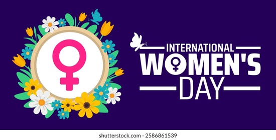 International Women's Day background banner or poster design template with women icon and flower. observed every year in March. Holiday concept. Use to any Template, card, poster, placard, template.