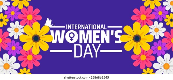 International Women's Day background banner or poster design template with women icon and flower. observed every year in March. Holiday concept. Use to any Template, card, poster, placard, template.