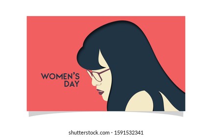 International Women's Day background design. Paper cutout girl face. Horizontal format design ideal for web banner or greeting card. Vector illustration.