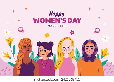 International Women's Day Background. Happy Women's Day celebration. March 8. Cartoon Vector illustration design for Poster, Banner, Flyer, Greeting, Card, Cover, Post, Invitation. happy women day.