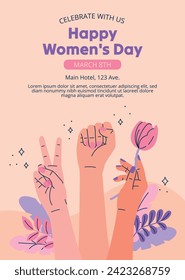 International Women's Day Background. Happy Women's Day celebration. March 8. Cartoon Vector illustration design for Poster, Banner, Flyer, Greeting, Card, Cover, Post, Invitation. happy women day.