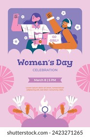International Women's Day Background. Happy Women's Day celebration. March 8. Cartoon Vector illustration design for Poster, Banner, Flyer, Greeting, Card, Cover, Post, Invitation. happy women day.