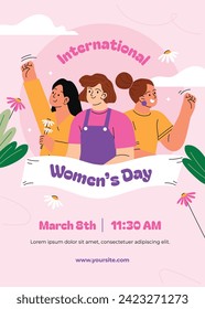 International Women's Day Background. Happy Women's Day celebration. March 8. Cartoon Vector illustration design for Poster, Banner, Flyer, Greeting, Card, Cover, Post, Invitation. happy women day.